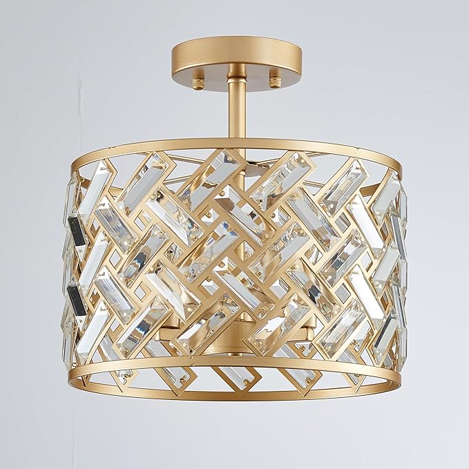 Shrine Lighting Crystal Ceiling Light, Gold Crystal Chandelier for Living Room, D12'' x H11.2'', E12*3 Sockets, Ctystal Lampshade & Gold Finish Frame