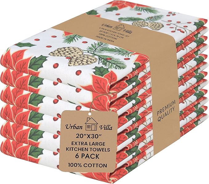 Urban Villa Christmas Kitchen Towels Pine Cone Print Multi Color, Premium Quality,100% Cotton Dish Towels Mitered Corners (Size: 20X30 Inch), Highly Absorbent Bar Towels & Tea Towels - (Set of 6)