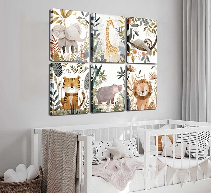 6Pcs Boho Baby Animals Wall Art Jungle Safari Canvas Paintings Cute Giraffe Elephant Lion Wall Decor Prints Inspirational Forest Animals Posters Pictures for Nursery kids Boys Bedroom Framed