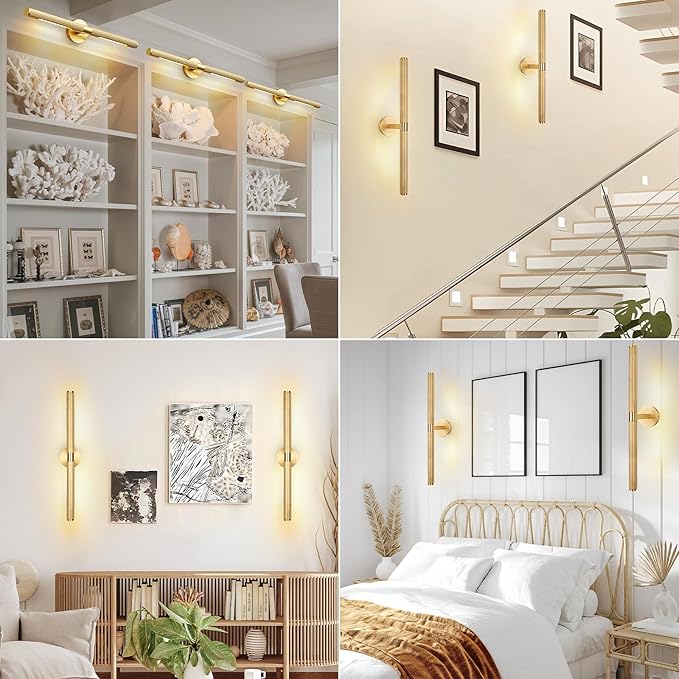 24” Brass Picture Lights, 3000K&6000K Modern Vanity Light, 360° Rotatable Wall Sconces Lampshade, Hardwired Art Light Over Picture Frame for Living Room, Bookcase, Artwork, Brass