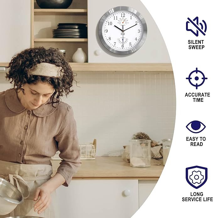 HITO 10 Inch Silent Wall Clock Battery Operated Non Ticking Glass Cover Silver Aluminum Frame, for Kitchen, Bedroom, Home Office, Living Room Decor (White)