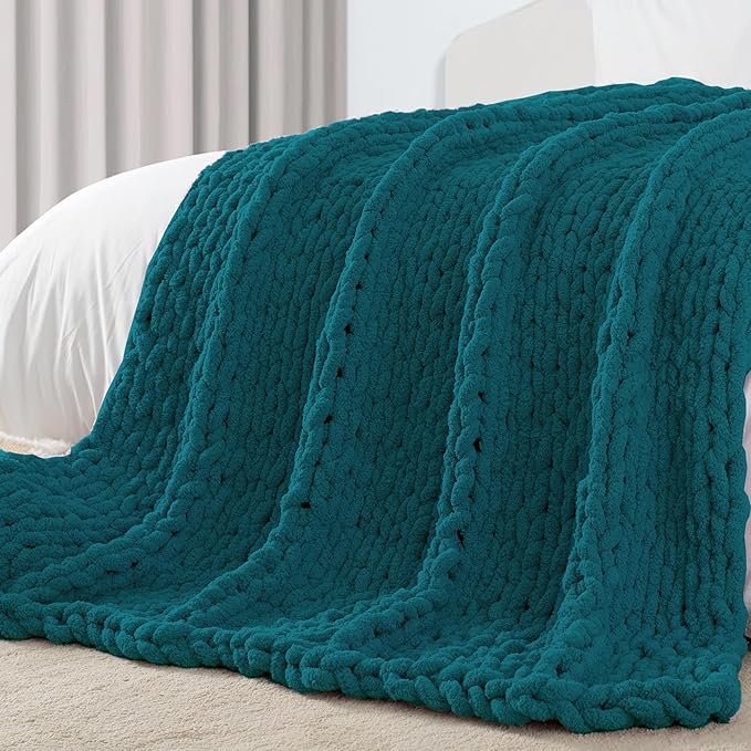 Carriediosa Chunky Knit Throw Blanket 50" X 60", 100% Hand Made Large Chenille Loop Yarn Soft Fluffy Throws for Couch Sofa Bed, Big Crochet Cozy Heavy Thick Cable Woven Blankets, Teal