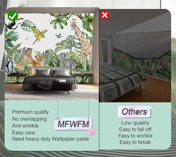 Safari Wallpaper for Children with Animals Jungle Wall Mural Watercolor Animals Nursery Wallpaper Kids Room Decor(Not Peel n' Stick)