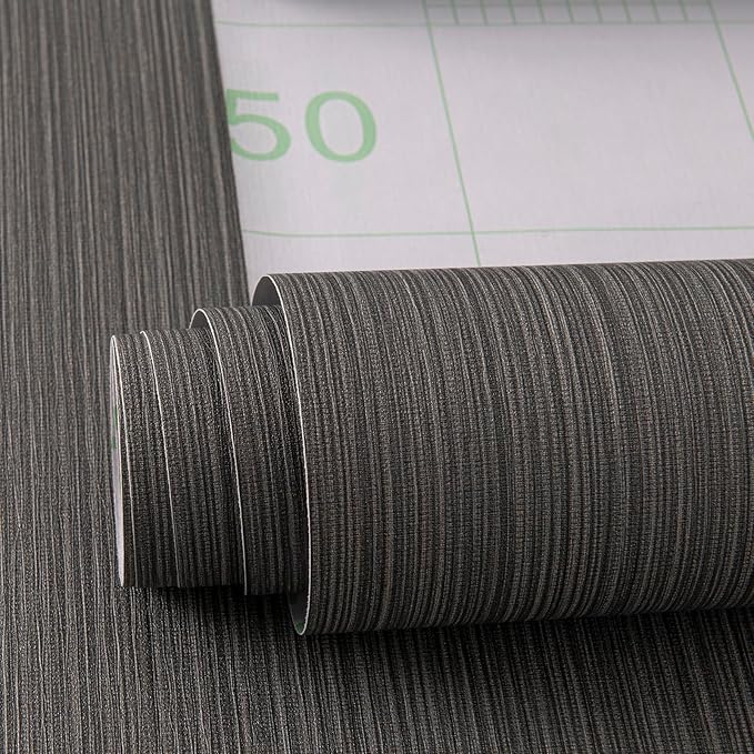 Black Grasscloth Peel and Stick Wallpaper Linen Textured 24"x787" Faux Grassweave Upgraded Thick Extra Large Self-Adhesive Neutral Contact Paper Vinyl Roll for Home Use
