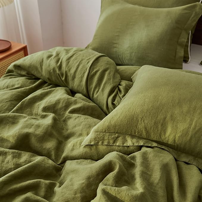 Simple&Opulence 100% Linen Pillow Case Queen Size Set of 2, Olive Green Pillow Covers with Overlap Closure, Luxury Breathable Pillowcases Protectors Suitable for All-Season (20" X 26", Olive Green)