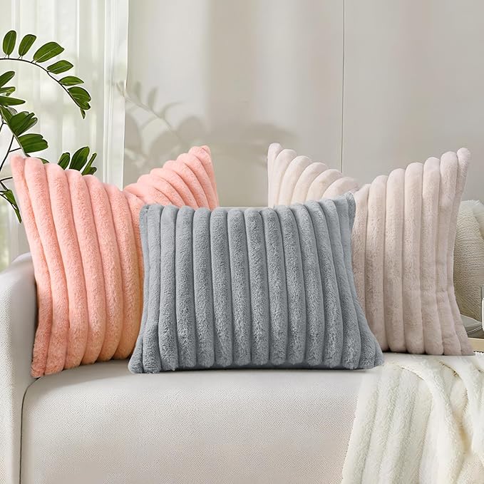 decorUhome Faux Fur Throw Pillow Covers 12x20 Set of 2, Decorative Soft Plush Striped Lumbar Neutral Couch Euro Pillow Covers with Velvet Back for Sofa, Bed, Living Room Home Decor, Blush Pink