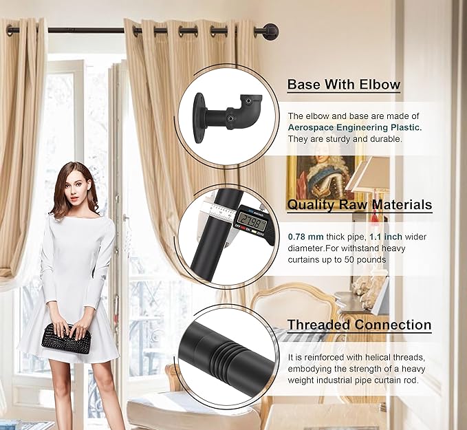 OEMQOBE Curtain Rods for Windows 16 to 144 Inches, Heavy Duty Industrial Curtain Rods 2 pack, Adjustable Wrap Around Blackout Curtains Rod, Black 1 Inch Indoor/Outdoor Curtains Rod