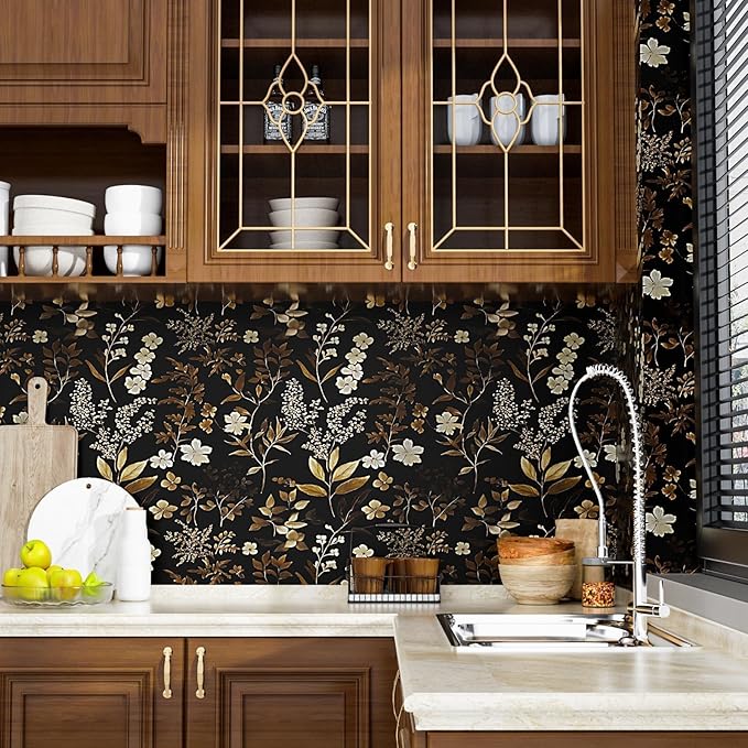Vintage Wallpaper Peel and Stick Black Floral Wall Paper 17.4" x 118" Black Gold Contact Paper Self-Adhesive Wall Covering for Bedroom Desk Cabinet Decor