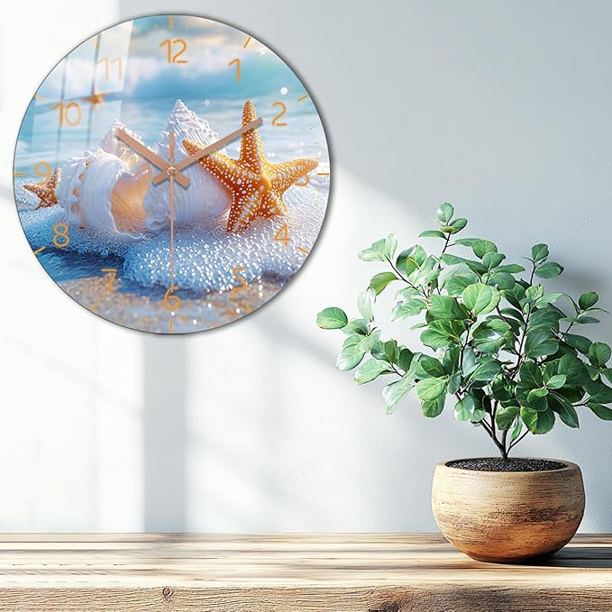 Coast Round Wall Clock 14 inch Wooden Beach Wall-Clock with Tempered Film Silent Analog Clock for Bedroom, Office, Living Room Decor