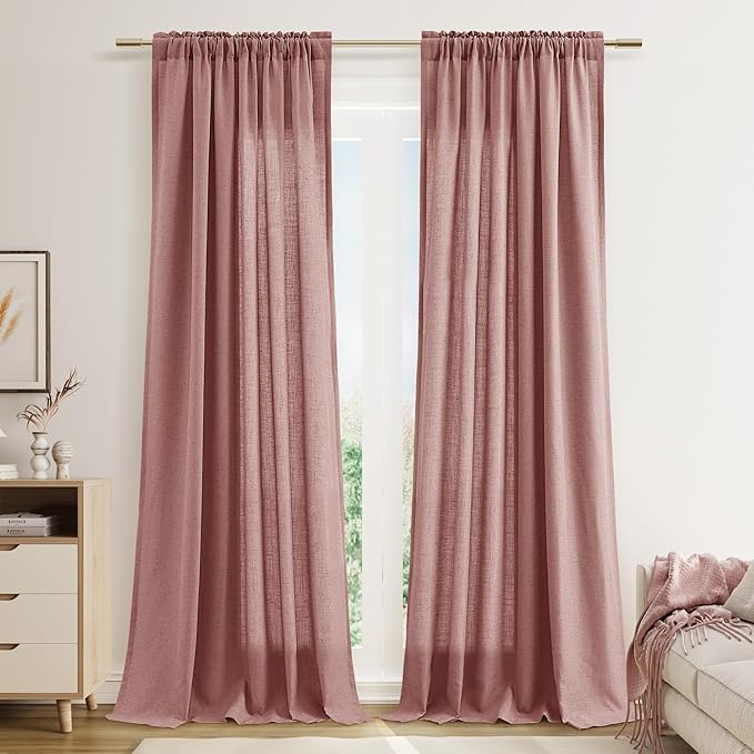 Guken Canyon Rose Linen Curtains 108 Inches Long 2 Panel Set Rod Pocket Semi Sheer Dining Room Cozy Bedroom Decor Cotton Look Country Rustic Farmhouse Boho Curtains 52x108