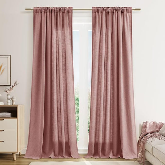 Guken Canyon Rose Linen Curtains 108 Inches Long 2 Panel Set Rod Pocket Semi Sheer Dining Room Cozy Bedroom Decor Cotton Look Country Rustic Farmhouse Boho Curtains 52x108
