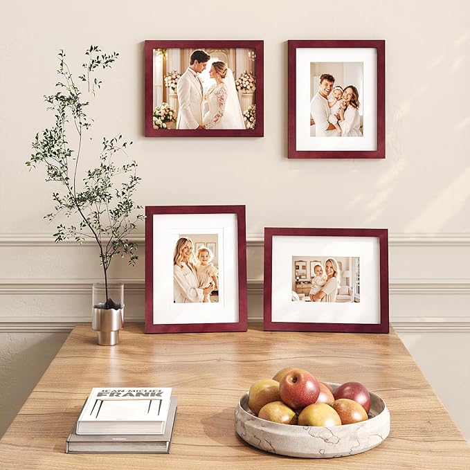 Egofine 8x10 Picture Frames 4 Pack - Wood Frames Covered by Plexiglass for Pictures 4x6 or 5x7 with Mat or 8x10 Without Mat, Photo Frames for Table Top and Wall Display, Cherry Red