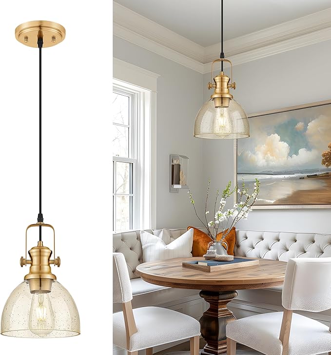 Pendant Lights Kitchen Island, 7.5" Farmhouse Pendant Lighting with Amber Seeded Glass Shade, Vintage Hanging Light Fixtures for Dining Room, Brushed Gold, AD-22151-1P-GD-OR