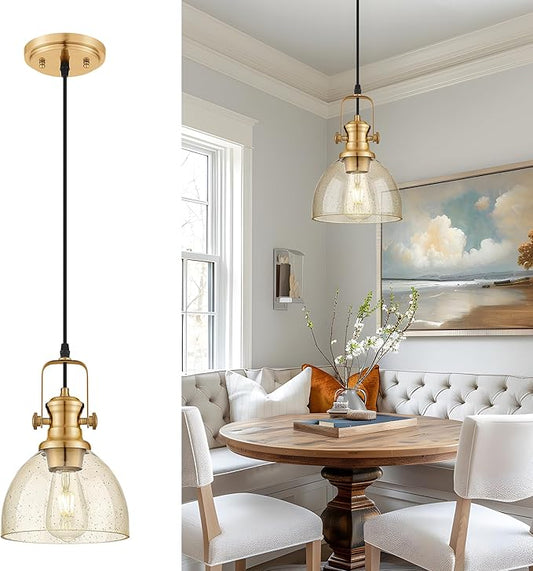 Pendant Lights Kitchen Island, 7.5" Farmhouse Pendant Lighting with Amber Seeded Glass Shade, Vintage Hanging Light Fixtures for Dining Room, Brushed Gold, AD-22151-1P-GD-OR