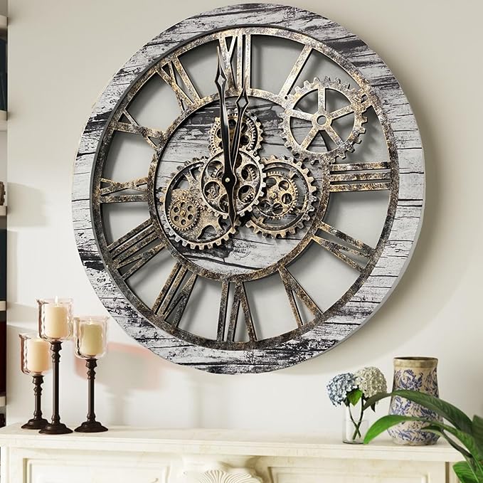 ImprovingLife The Gears Clock The Original Real Moving Gear Wall Clock Vintage Industrial Oversized Rustic Farmhouse (24 inch (60cm), Vintage Grey and White)
