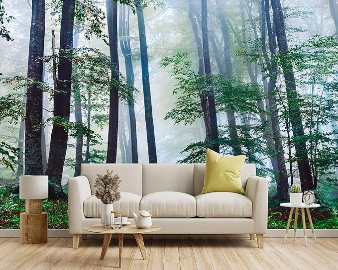 -Green Forest Landscapes Woodland Tree Fabric Wallpaper Living Room Bedroom Bathroom Jungle Wall Mural- 183"x120"（ not Peel and Stick）