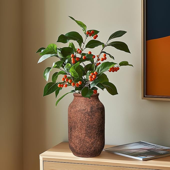 Rustic Terracotta Vase, Farmhouse Ceramic Vase, Decorative Clay Vintage Vases for Home Decor, Living Room,Table, Shelf Decor, 9 inch, Brown