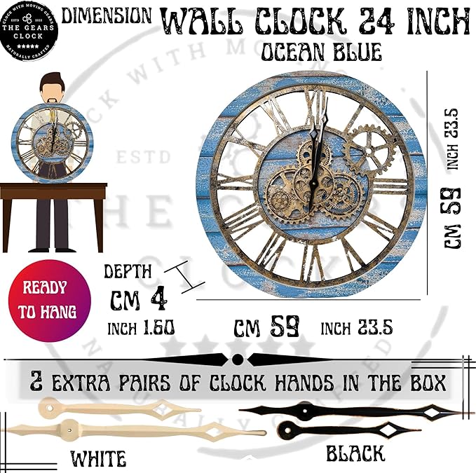 ImprovingLife The Gears Clock The Original Real Moving Gear Wall Clock Vintage Industrial Oversized Rustic Farmhouse (24 inch (60cm), Vintage Ocean Blue and Bronze)