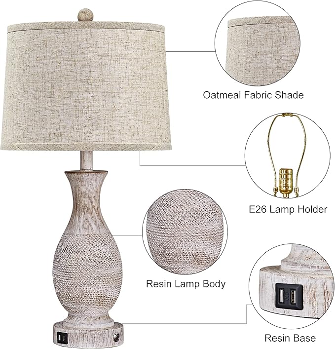 28" Farmhouse Table Lamp for Living Room, Rustic Touch Bedside Table Lamps Set of 2 with USB Charging Ports,3-Way Dimmable Nightstand Lamps for Bedroom,Oatmeal Linen Lampshade,LED Bulbs Included
