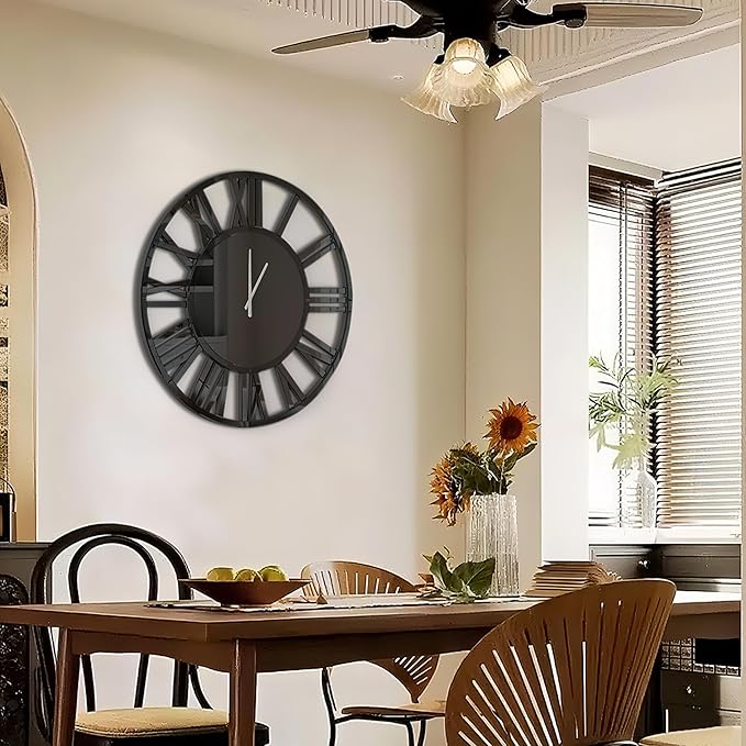 SHYFOY 32" Modern Black Mirror Finish Wall Clock with Roman Numerals – Silent, Non-Ticking – Decorative Wall Clock for Living Room, Bedroom, Office