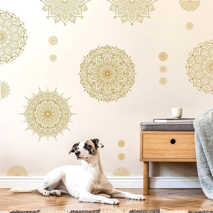 Large Mandala Wall Sticker Peel and Stick Boho Lotus Flower Wall Stickers Decor Mandala Floral Window Decals Clings Headboard Gold Mandala Wall Art Decal for Bedroom Living Room Yoga Decoration