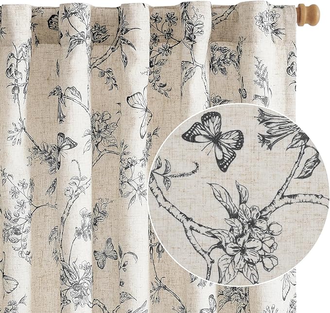 Lazzzy Black Floral Curtains 84 Inch Length Farmhouse Lined Linen Back Tab Drapes for Living Room Bedroom Light Filtering Vintage Rod Pocket, 2 Panels, Black on Beige