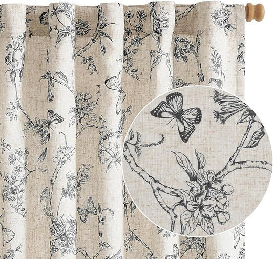 Lazzzy Farmhouse Lined Linen Black Floral Curtains 96 Inch Length Back Tab Drapes for Living Room Bedroom Light Filtering Country Vintage Rod Pocket, 2 Panels, Black on Beige