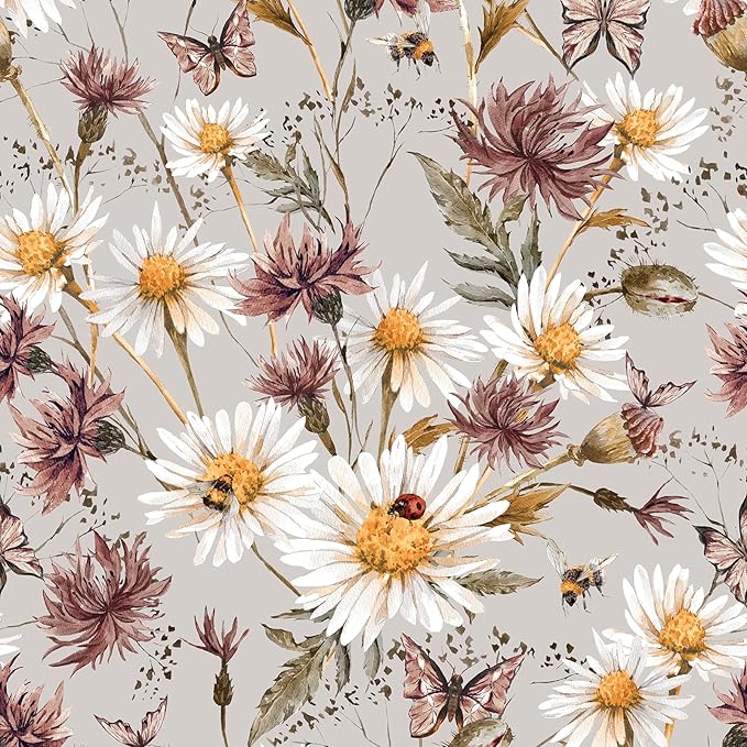 Livelynine 17.5x276" Wildflowers Floral Peel and Stick Wallpaper Vintage Fall Farmhouse Boho Wall Paper Nursery Girls Decorative Contact Paper for Furniture Desk Shelves Butterfly Cabinet Vinyl Wrap