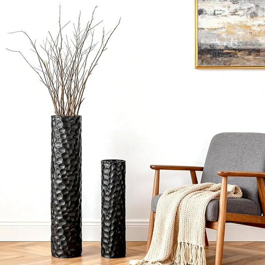 Tall Matte Black Floor Vase Set of 2, 27.6" & 21.7" H Extra Large Cylindrical Metal Standing Vase, Modern Big Floor Vases with Hammered Texture & Weighted Base for Living Room Bedroom Corner Decor
