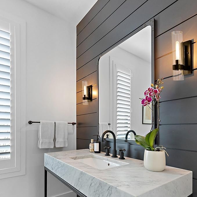 Indoor Wall Sconces Set of Two, Modern Black Bathroom Sconces Wall Decor with Cylinder Glass, Wall Lamps for Bedroom Hallway Vanity Kitchen Lighting Fixtures Set of 2