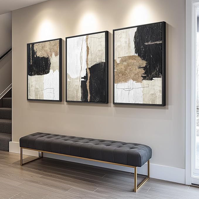 Framed Black and White Abstract Wall Art for Living Room, 3 Piece Large Canvas Modern Picture Artworks, Minimalist Black Gold Painting Prints for Dining Room Hallway Home Office Wall Decor, 24x36 Inch