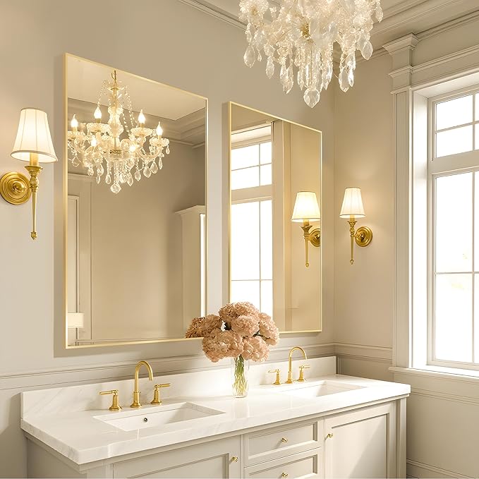 Bathroom Mirror 24"x36", Gold Vanity Mirror with Brushed Metal Frame & Tempered Glass, Rectangle Wall Mirror Mounted, Rust-Resistant for Bedroom, Entryway and Living Room Decor