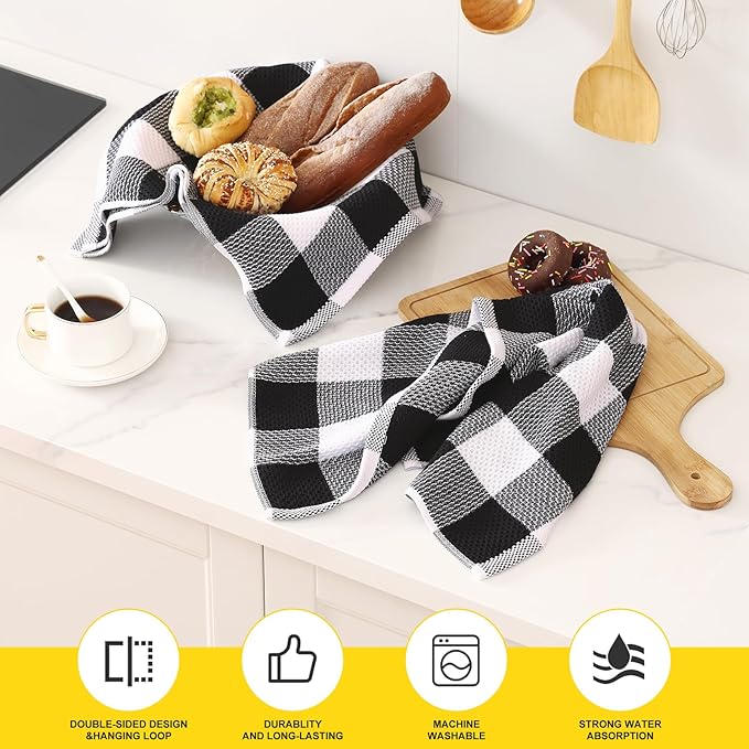 Homaxy 100% Cotton Waffle Weave Check Plaid Kitchen Towels, 20 x 28 Inches, Super Soft and Absorbent Dish Towels for Drying Dishes, 4-Pack, White & Black