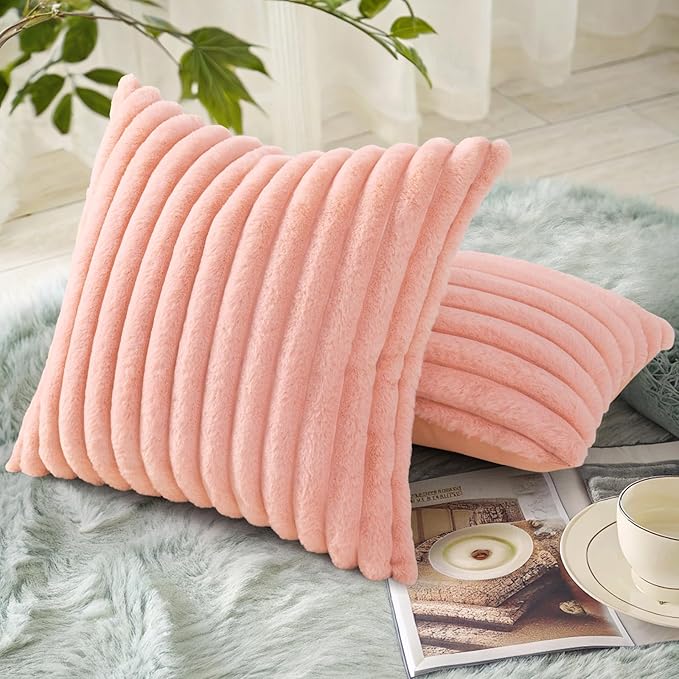 decorUhome Faux Fur Throw Pillow Covers 18x18 Set of 2, Decorative Soft Plush Striped Neutral Couch Euro Pillow Covers with Velvet Back for Sofa, Bed, Living Room Home Decor, Blush Pink