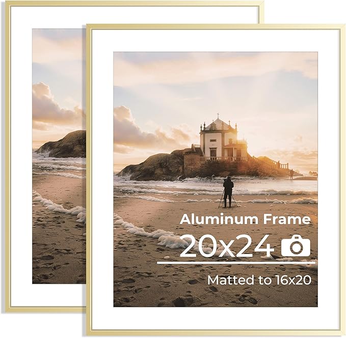20x24 Picture Frame, 20x24 Metal Picture Frame With Mat For 16x20 Photo, Aluminum Metal Poster Frame with High Definition Plexiglass, Display for Wall Mounting or Tabletop Pack of 2,Golden