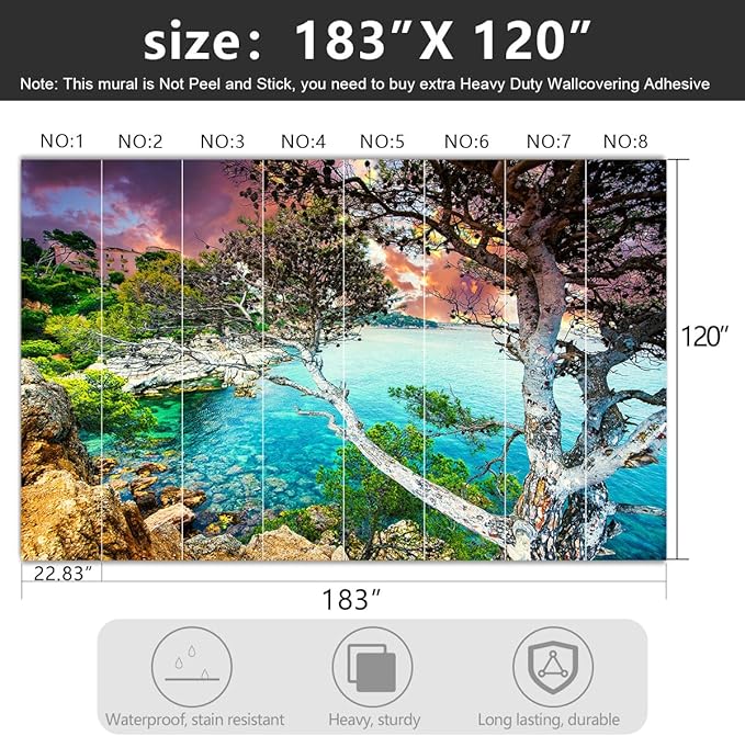 -Summer Sandy Shore Landscapes Fabric Wallpaper Clear Ocean seashores Islands Living Room Bedroom Bathroom Wall Mural- 183"x120"（ not Peel and Stick）