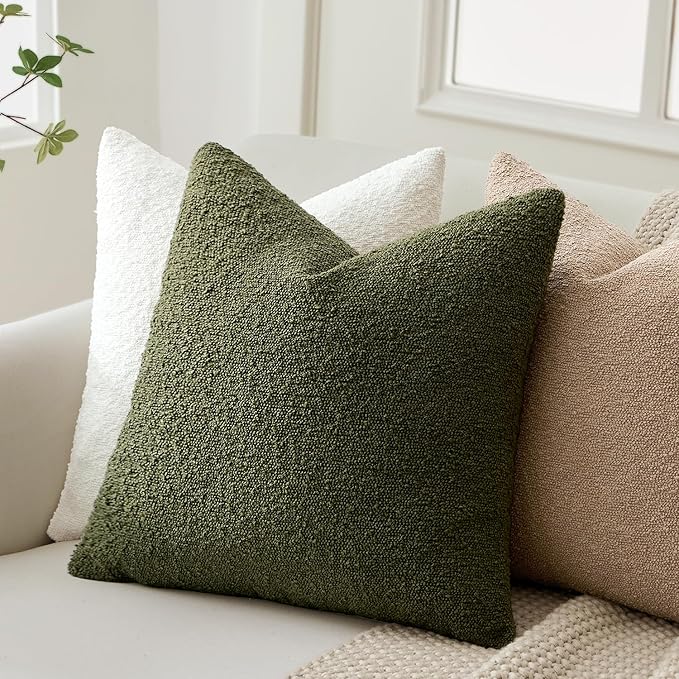 ANRODUO Pack of 2 Textured Boucle Throw Pillow Covers Soft Moss Green Decorative Accent Solid Pillow Cases Cozy Modern Couch Cushion Case for Chair Sofa Bedroom Living Room Home Decor, 18 x 18 Inch