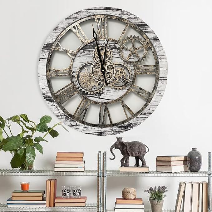ImprovingLife The Gears Clock The Original Real Moving Gear Wall Clock Vintage Industrial Oversized Rustic Farmhouse (24 inch (60cm), Vintage Grey and White)