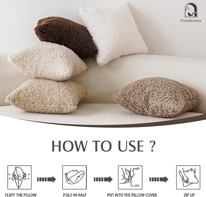 Foindtower 2 Pieces Faux Fur Throw Pillow Cover Decorative Sherpa Pillow Fuzzy Accent Pillowcases Soft Sheepskin Fleece Cushion Case for Bed Couch Living Room 26x26 Inch Oatmeal