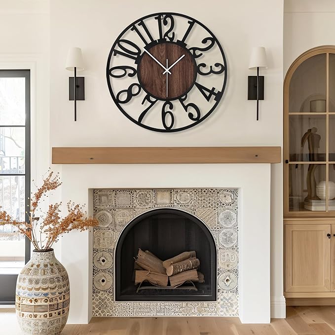 Maxstar Round Wall Clock for Living Room Decor Battery Operated Non Ticking Black Metal Wood Clocks for Home Living Room Garden Office Kitchen Decoration -16 inch