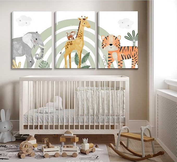 3Pcs Framed Safari Animals Canvas Wall Art elephant tiger giraffe Posters Prints Bohemian Rainbow elements Paintings Pictures wall decor for Nursery Baby Bedroom Decorations