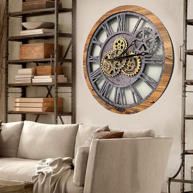 ImprovingLife The Gears Clock The Original Real Moving Gear Wall Clock Vintage Industrial Oversized Rustic Farmhouse (24 inch (60cm),Wood&Stone)