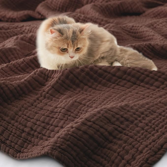 Carriediosa 100% Cotton Muslin Throw Blanket 50" X 70" Throw XL Size，4-Layers Summer Gauze Throws for Bed Couch，Soft Lightweight Breathable Linen Blankets Bedspread for Adults All Season，Dark Brown