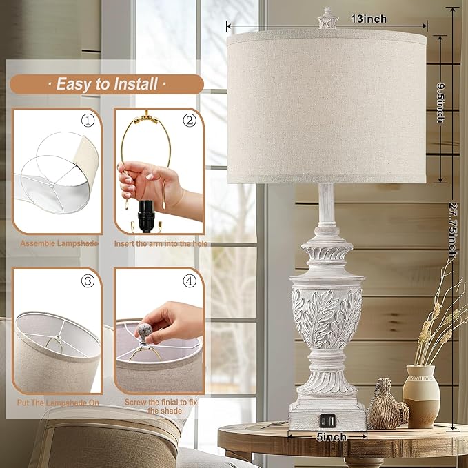 Farmhouse 3-Way Dimmable Touch Table Lamp Set of 2 for Bedroom Living Room with USB A+C Charging Ports 28" Tall Rustic Traditional Nightstand Bedside Lamps White End Table Lamp (2 Bulbs Included)