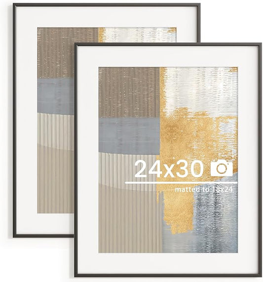 24x30 inch Metal Poster Frame - 24 x 30 Thin Aluminum Picture Frames Matted for 18x24 Photos, Artworks, Prints, Puzzle - High Definition Plexiglass - Vertical and Horizontal Display - Wall Hook Hanging Hardware Included - Black, 2 Pack