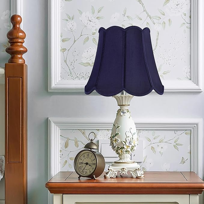 GOSO 13 Inch Medium Blue Wavy Scalloped Lamp Shade for Table Lamp and Floor Lamps Replacement,Art Deco Floral Petal Edge Faux Silk Lampshade,8×13×11 Inch Spider Lampshades for Bedroom,Easy Assembly