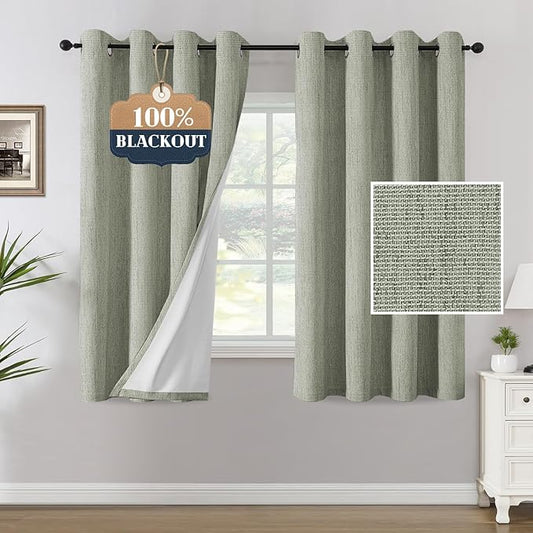 H.VERSAILTEX Chenille Linen Blackout Curtains for Bedroom 63 Inches Long Thermal Insulated Textured Linen Look Curtains with White Flocking Coating Back, Heathered Sage(Not Solid)