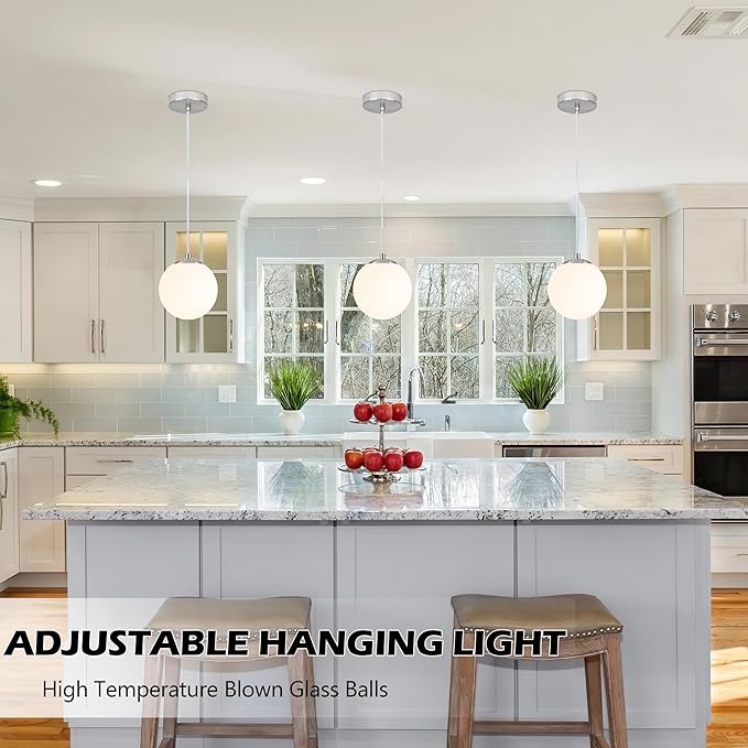 KoKo&Yukina 6 Inch Globe Pendant Light Nickel Globe Pendant Lights Kitchen Island Mid Century Light Fixture with Milky White Glass Shade for Dining Room (2 Pack)