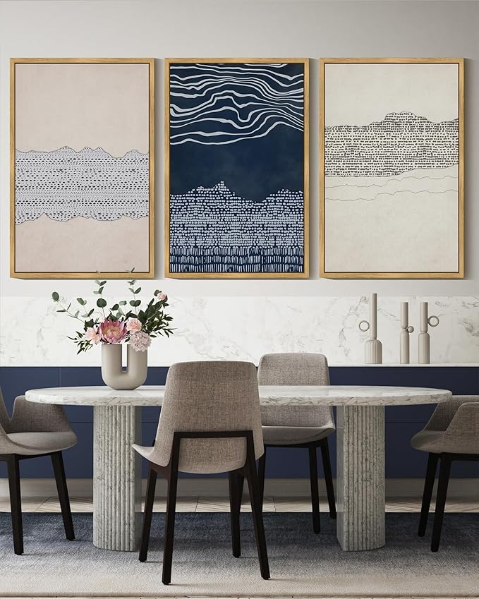 KUVIOKE Navy Blue Abstract Framed Wall Art Modern Neutral Minimalist Wooden Pastel Boho Wall Decor Farmhouse Rustic Art Painting Home Decor 16x24in (Natural Framed)