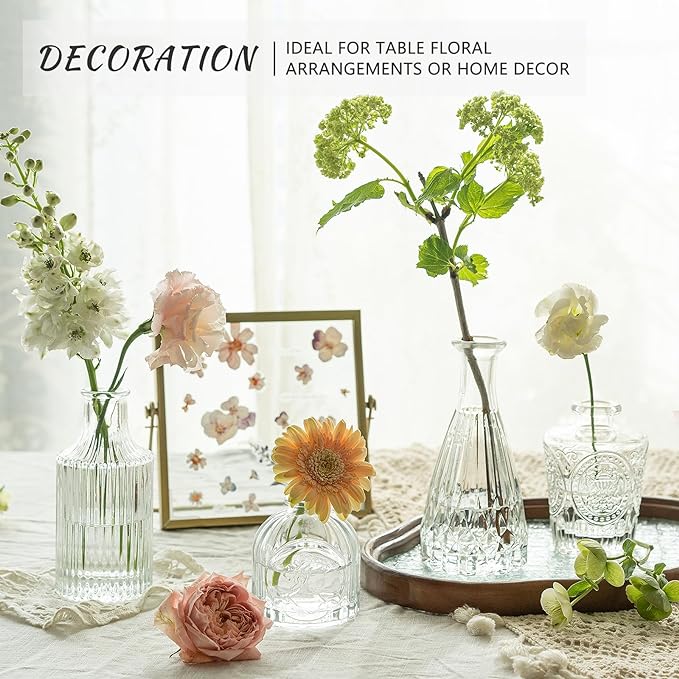 Glass Bud Vase Set of 5, Clear Small Flower Vases for Centerpieces in Bulk, Mini Vintage Vase for Rustic Wedding, Home,Table